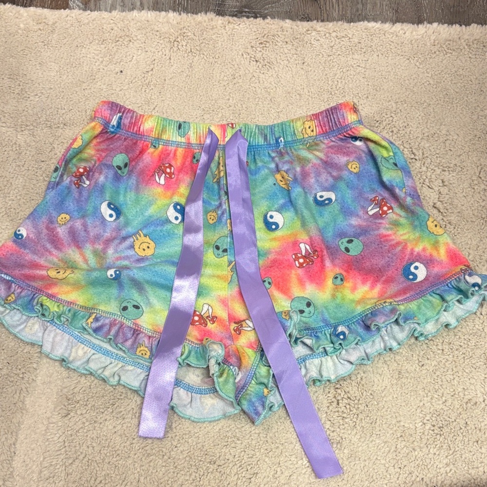 Harlow Rainbow Tie-Dye Lounge Shorts with Alien & Emoji Print
